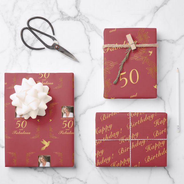Modern Red Gold 50 Fabulous Birthday Wrapping Paper Sheets (Front)