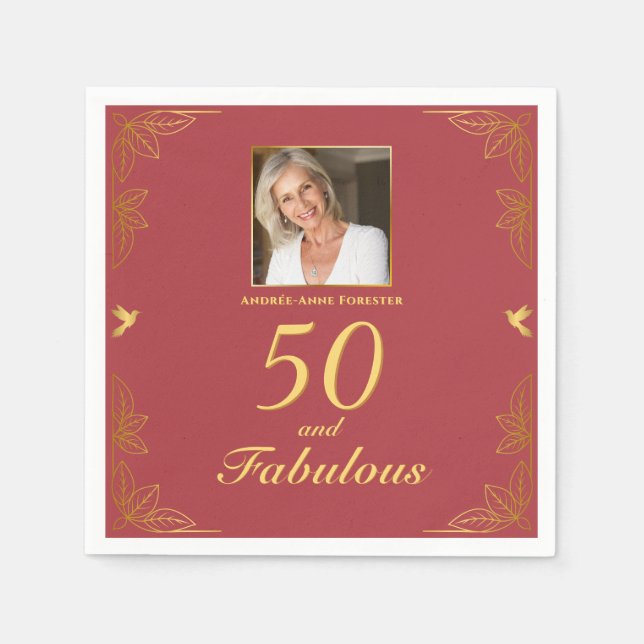 Modern Red Gold 50 Fabulous Photo Birthday  Napkins (Front)