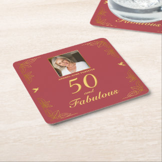 Modern Red Gold 50 Fabulous Photo Birthday Square Paper Coaster