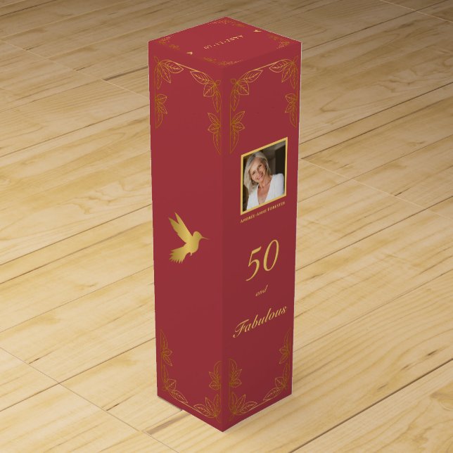 Modern Red Gold 50 Fabulous Photo Birthday Wine Box (Front)