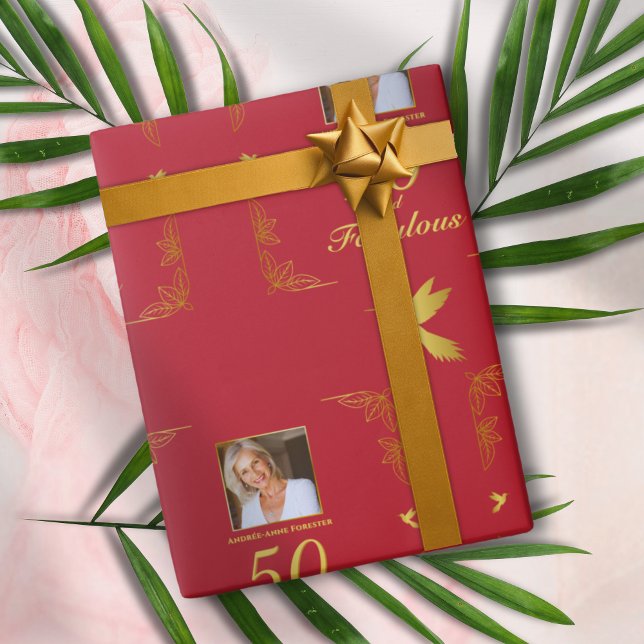 Modern Red Gold 50 Fabulous Photo Birthday Wrapping Paper (Creator Uploaded)