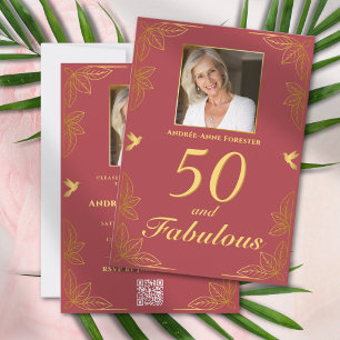 Modern Red Gold 50 Fabulous QR Code Birthday Invitation