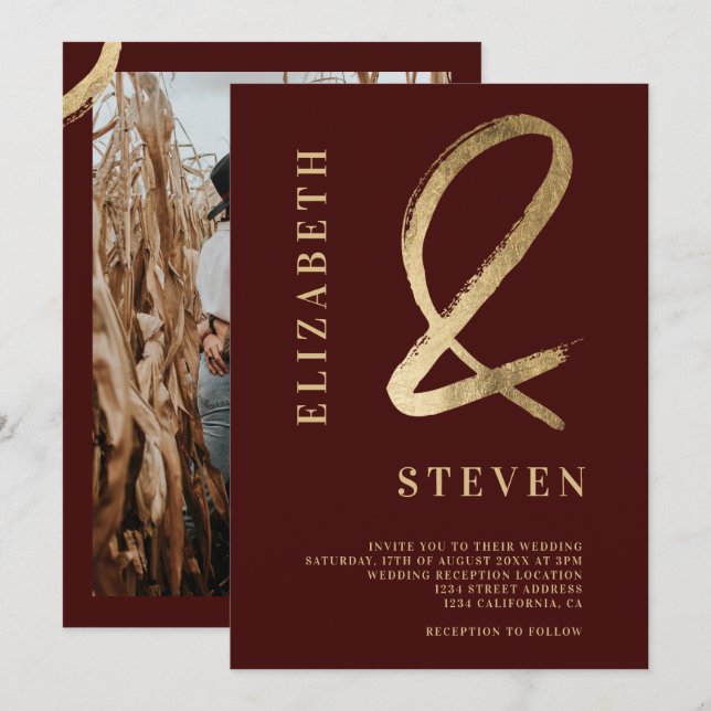 Modern red gold ampersand names photo wedding invitation (Front/Back)