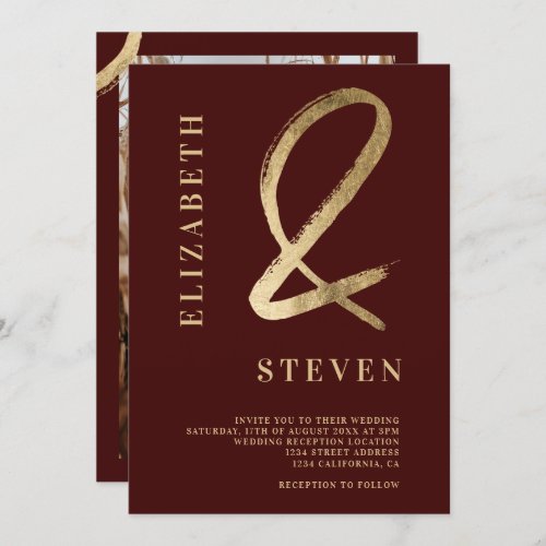 Modern red gold ampersand names photo wedding invitation