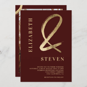Modern red gold ampersand names photo wedding invitation