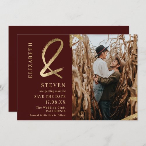 Modern red gold ampersand photo save the date