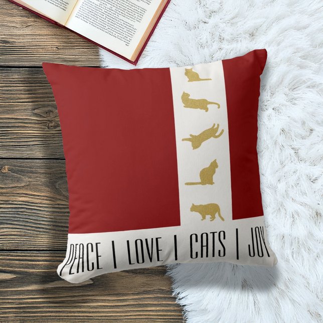 Modern Red Gold Cat Christmas Throw Pillow (Creator Uploaded)