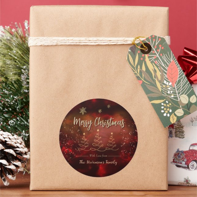 Modern Red Gold Christmas Tree Classic Round Sticker (Holiday)