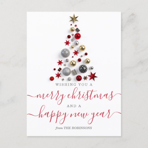MODERN Red  Gold Christmas Wishes Bauble Tree Holiday Postcard