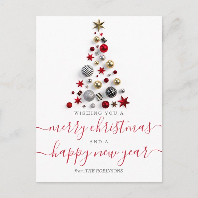 MODERN Red & Gold Christmas Wishes Bauble Tree Holiday Postcard (Front)