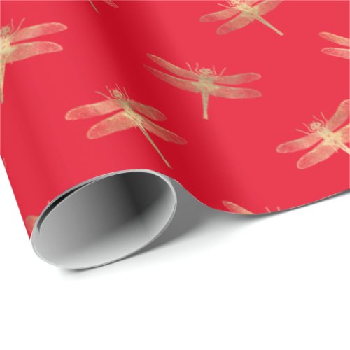 Modern Red Gold Dragonfly Pattern Wrapping Paper