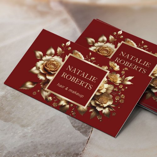 Modern Red  Gold Floral Beauty Salon SPA Luxury Business Card