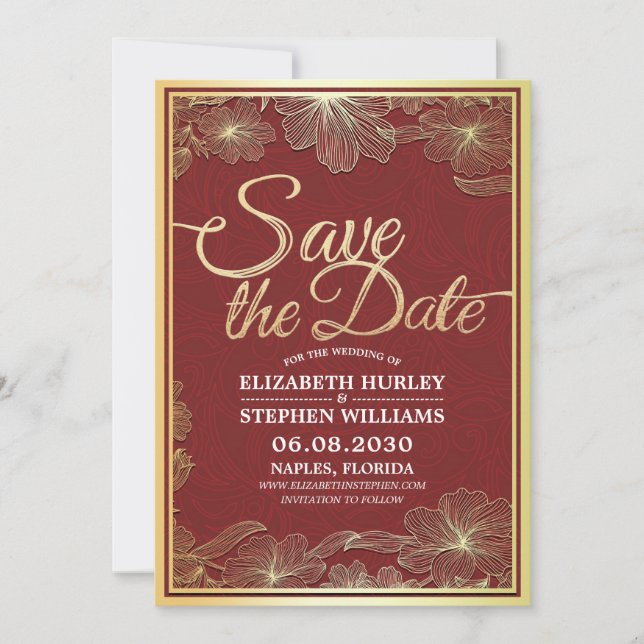 Modern Red Gold Floral Frame Wedding Save The Date (Front)