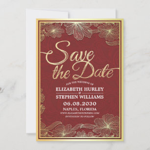 Modern Red Gold Floral Frame Wedding Save The Date