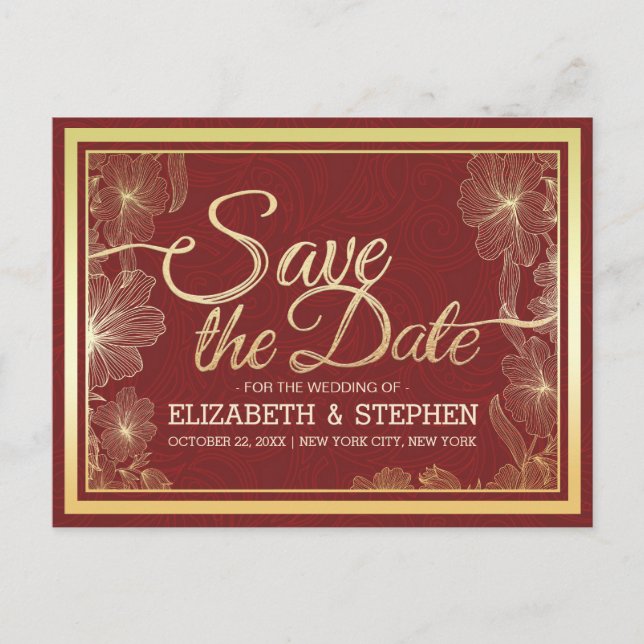 Modern Red Gold Floral Frame Wedding Save The Date Announcement Postcard (Front)