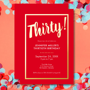 Modern Red & Gold Foil 30th Birthday Invitation
