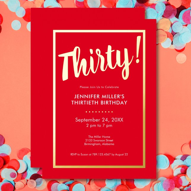 Modern Red & Gold Foil 30th Birthday Invitation (Modern Red & Gold Foil 30th Birthday Foil Invitation)