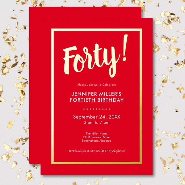 Modern Red & Gold Foil 40th Birthday Invitation (Modern Red & Gold Foil 40th Birthday Foil Invitation)