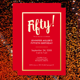 Modern Red & Gold Foil 50th Birthday Invitation