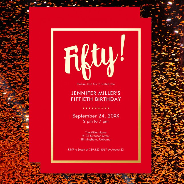 Modern Red & Gold Foil 50th Birthday Invitation (Modern Red & Gold Foil 50th Birthday Foil Invitation)