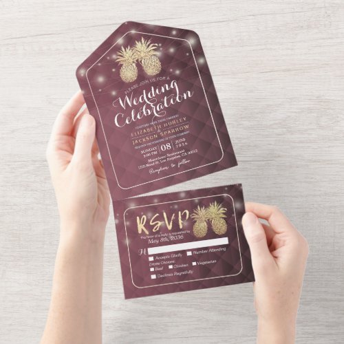 Modern Red Gold Foil Pineapple Couple Wedding RSVP All In One Invitation