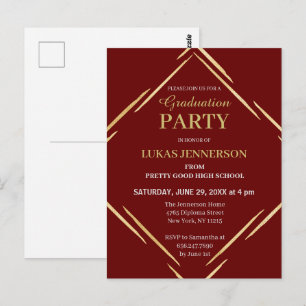Modern Red Gold Geometric 2025 Graduation Party Postcard