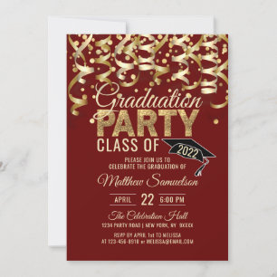 Modern Red Gold Glitter GRADUATION Party Invitation