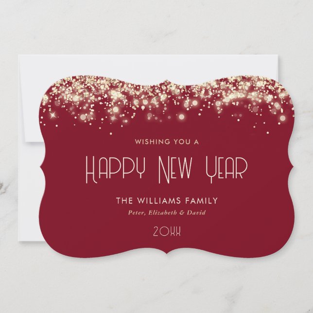 Modern Red Gold Glitter Happy New Year Card (Front)