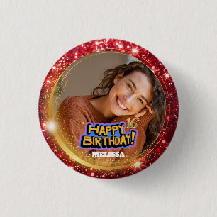 Modern Red &Gold Glitter Photo Name 16th Birthday Button