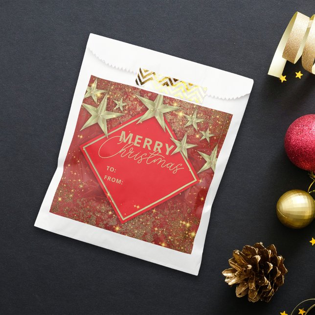 Modern Red Gold Glitter Stars Christmas Party Favor Bag (Creator Uploaded)