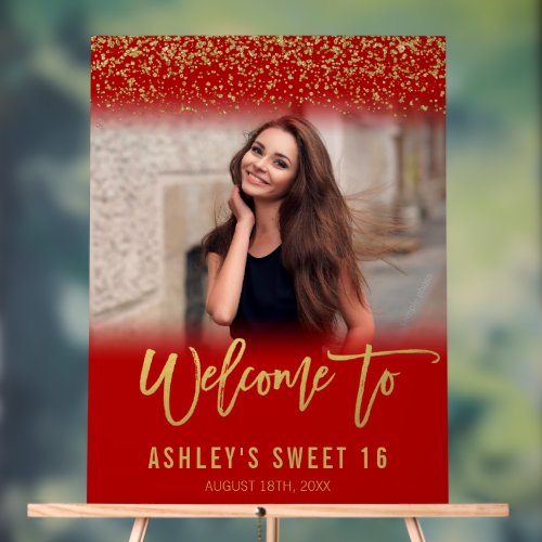 Modern Red Gold Glitter Sweet 16 Photo Welcome Acrylic Sign