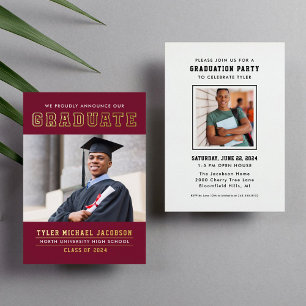 Modern Red Gold Graduate Photo Graduation Party Foil Invitation