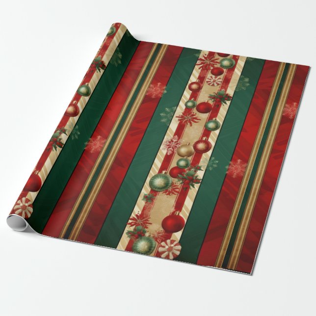 Modern Red Gold Green Stripes Wrapping Paper (Unrolled)