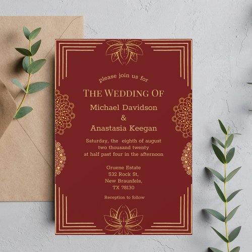 modern red gold indian geometric wedding  invitation