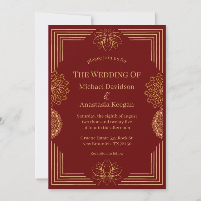 modern red gold indian geometric wedding  invitation (Front)