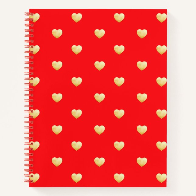 Modern Red Gold Love Hearts Notebook (Front)