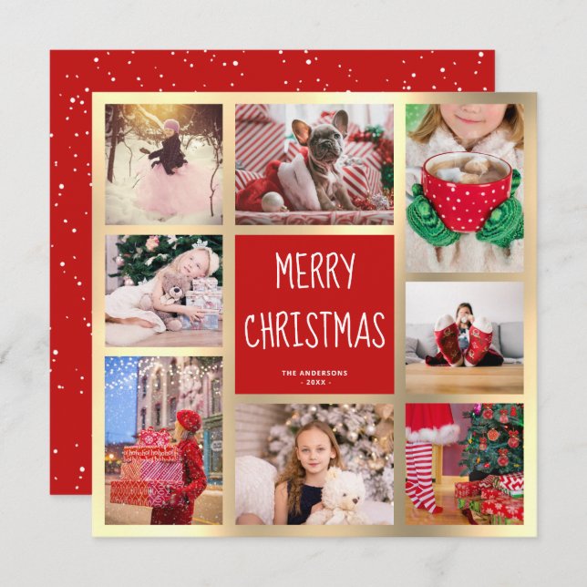 Modern Red & Gold Merry Christmas Photo Collage Holiday Card (Front/Back)