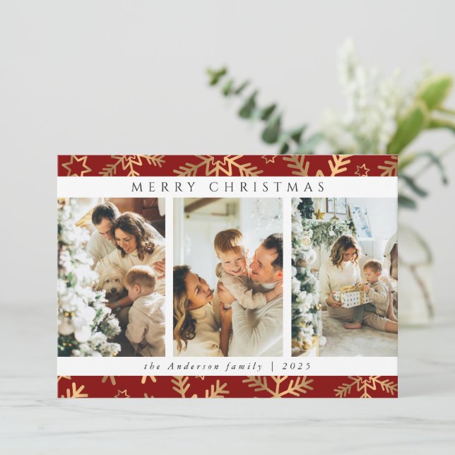 Modern Red Gold Merry Christmas Photo Collage Holiday Card (Standing Front)