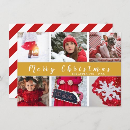 Modern Red  Gold Merry Christmas Photo Collage Holiday Card