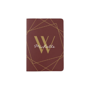 Modern Red Gold Monogram Script Name Stylish Passport Holder