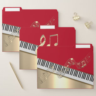 Modern Red Gold Music Notes,Piano Keys File Folder