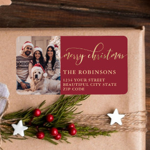 Modern Red Gold Photo Christmas Return Address Label