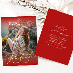 Modern Red Gold Photo Graduation Invitation