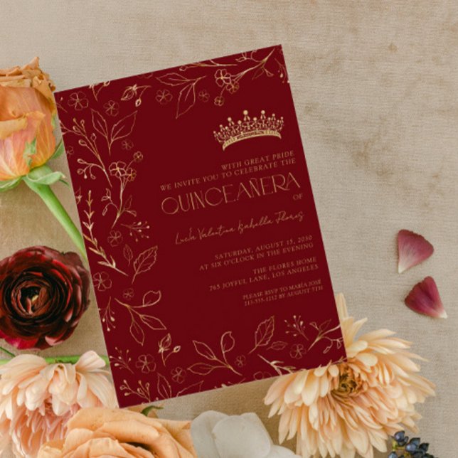 Modern Red Gold Rose Floral Tiara Quinceañera Invitation (Creator Uploaded)