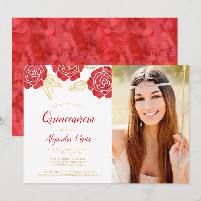 Modern Red Gold Roses Quinceanera Photo Invitation (Front/Back)