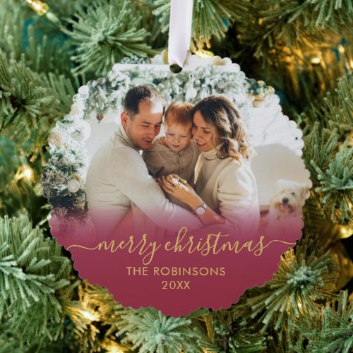 Modern Red Gold Script 2 Family Photo Christmas Ornament Card