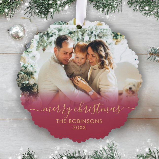 Modern Red Gold Script 2 Family Photo Christmas Ornament Card (Creator Uploaded)