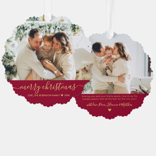 Modern Red Gold Script 2 Photo Christmas Ornament Card