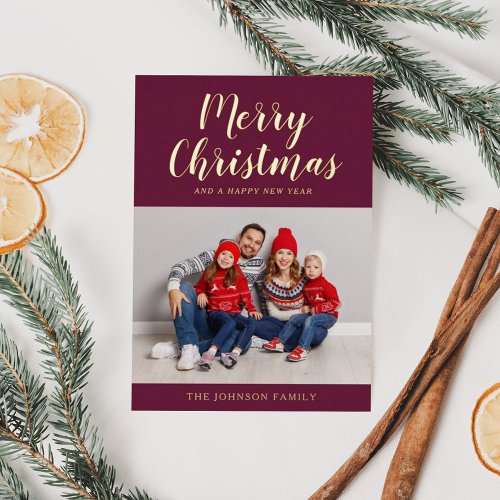 Modern Red Gold Script Christmas Photo Foil Holiday Card