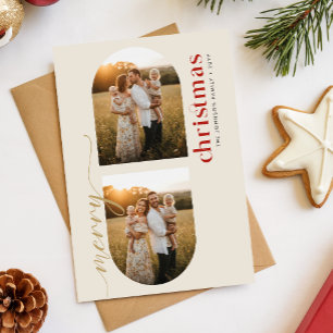 Modern Red & Gold Script Family Photo Christmas Holiday Postcard